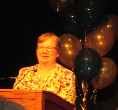 Dianne Young accepting the 2014 Saskatchewan Book Award for Dear Flyary
